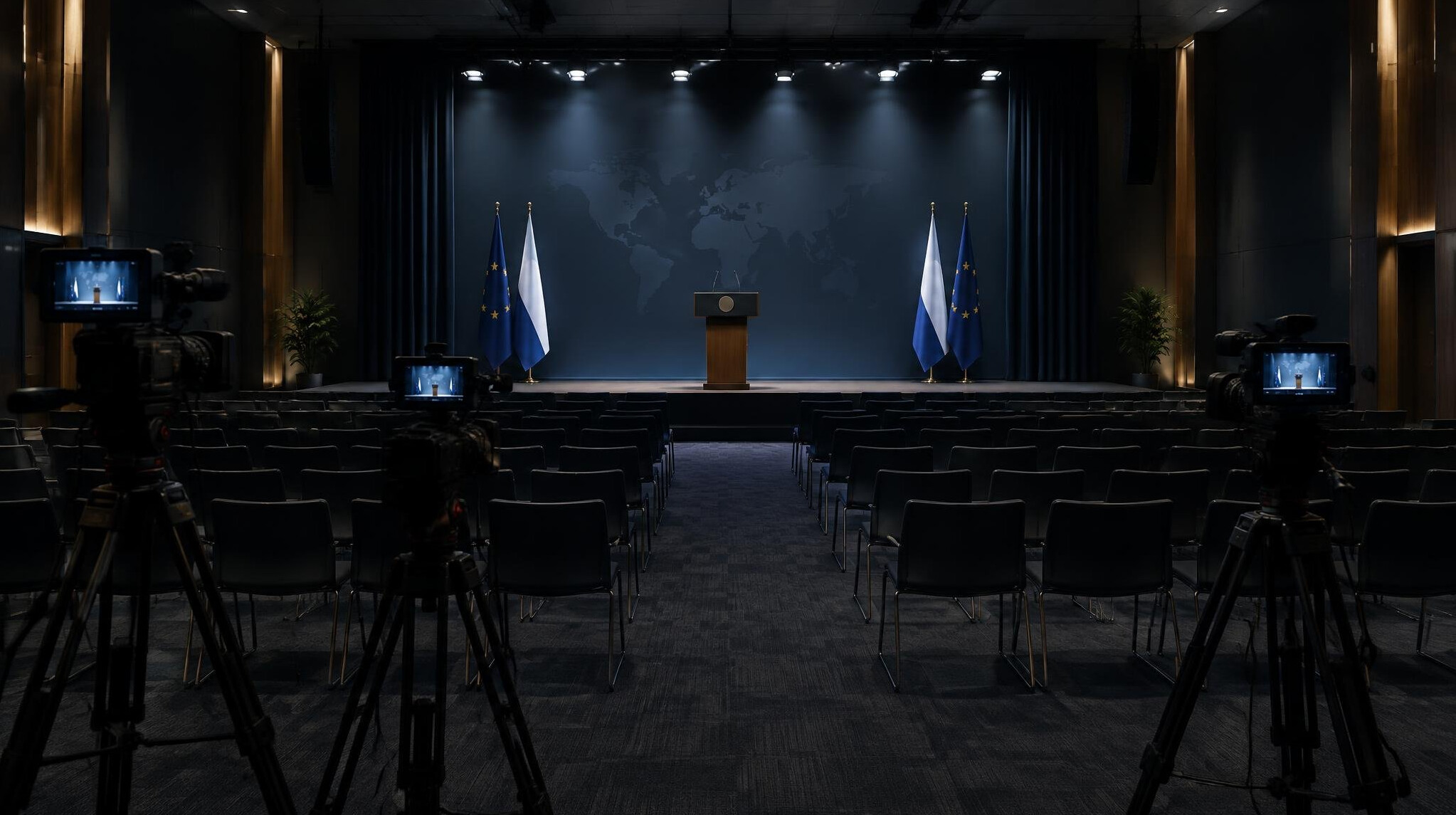 Dark press conference hall with stage lighting and camera positions